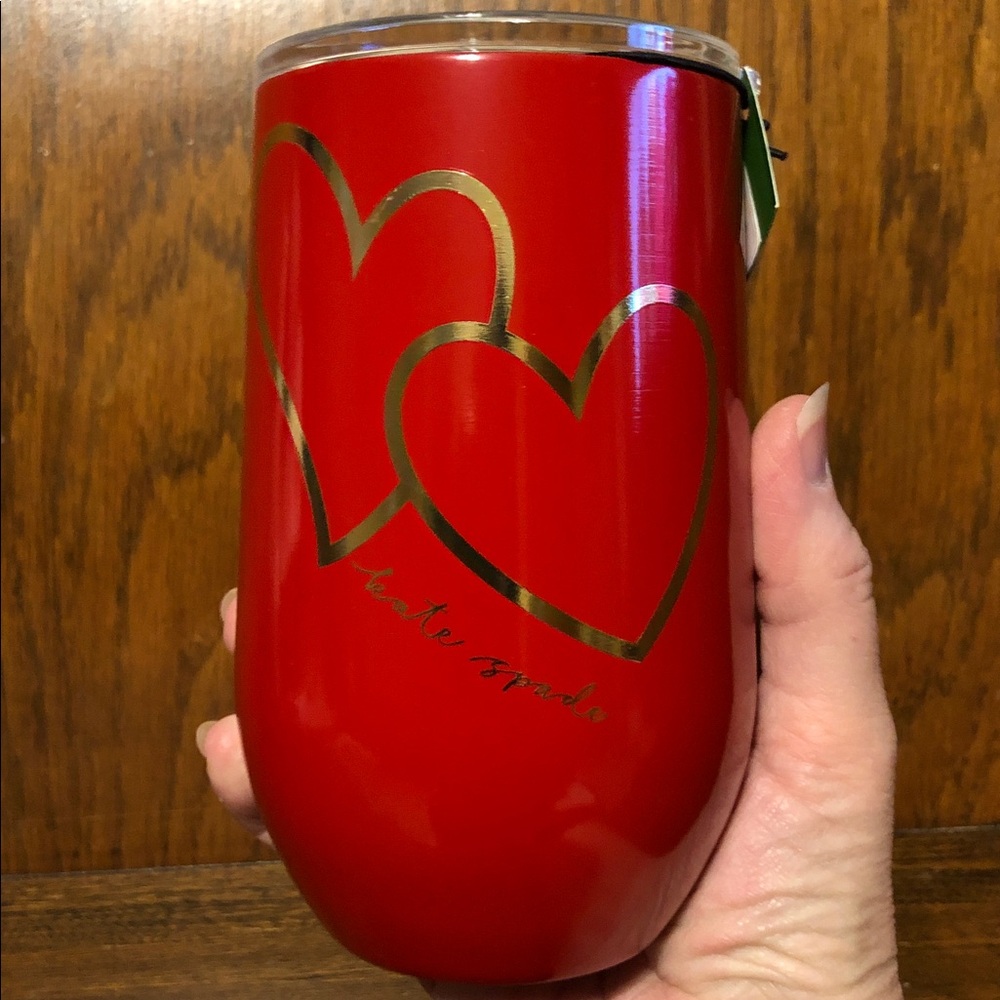 NWT-Kate Spade-16 Ounce Stainless Steel Tumbler-Hearts Design-Red/Gold-Clear Lid